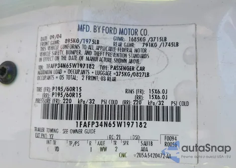 2005 Ford Focus Zx4 from USA, damaged, VIN 1FAFP34N65W197182